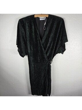 Flounce London Velvet Wrap Dress Womens Sz 4 Striped Black Green Dolman Sleeves